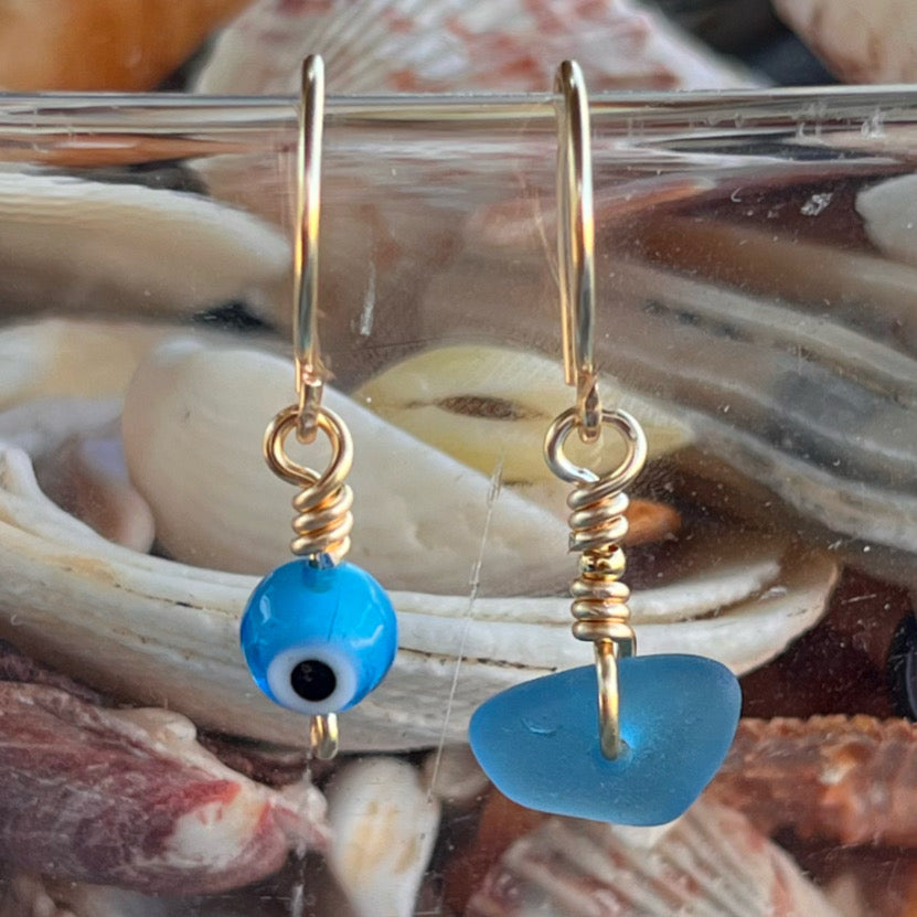 Earrings - Turquoise Sea Glass & Evil Eye