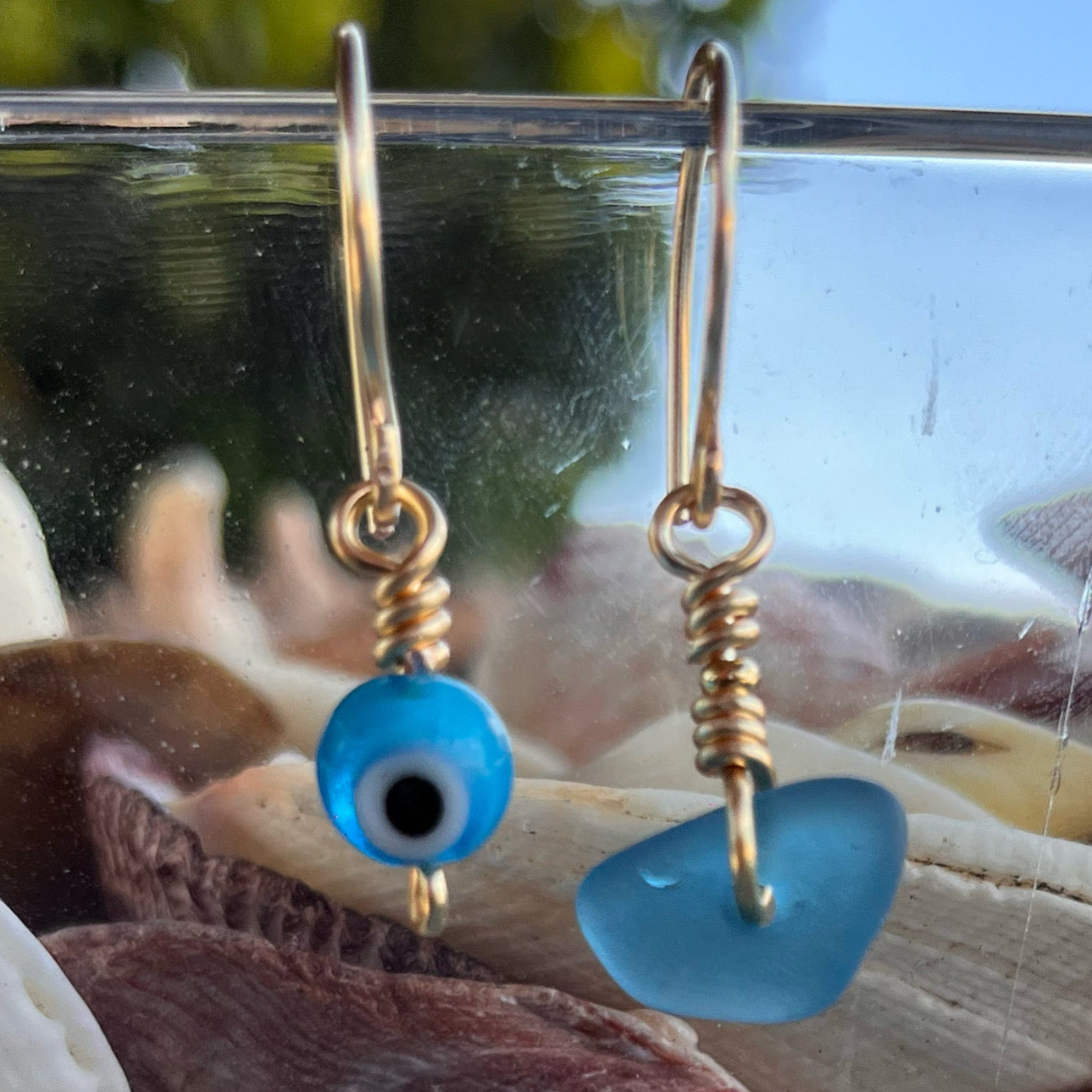Earrings - Turquoise Sea Glass & Evil Eye