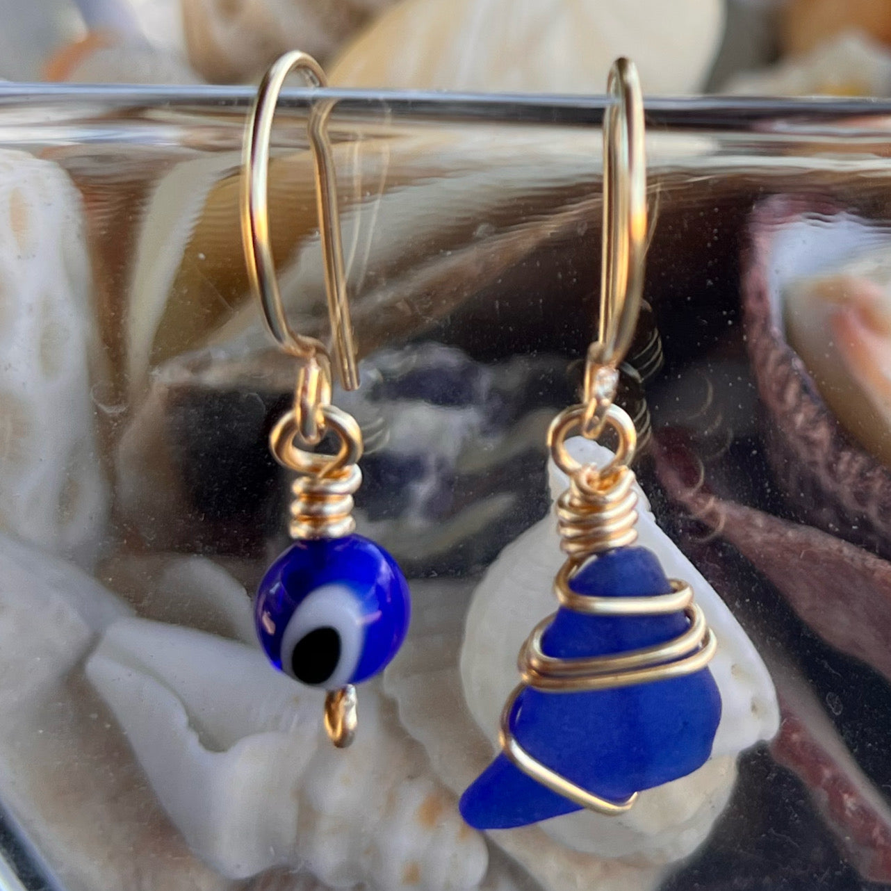 Earrings - Cobalt Sea Glass & Evil Eye
