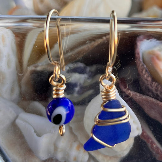 Earrings - Cobalt Sea Glass & Evil Eye